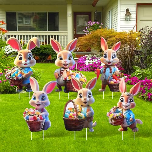 Decoration Paques, 6 Pièces Lapin de Paques Deco Signes de Cour Décorations, Oeufs de Paque Decoration Jardin Exterieur, Décorations de Pâques Deco...