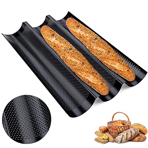 Bandeja Horno para Pan, Bandeja Baguettes Molde, Moldes Baguette Antiadherentes, Bandeja Baguette Acero Inoxidable, con Buen Revestimiento Antiadherente, para Panadería, Familiar (Negro)