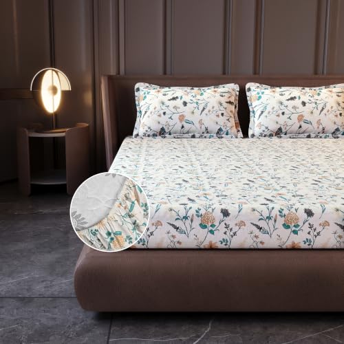 Image of Divine Casa King Size Fitted Bedsheet with 2 Pillow Covers (200 x 180 CM) | Cotton Twill Satin Floral Print | Cream Green Elastic Fitted Sheet for Mattress.