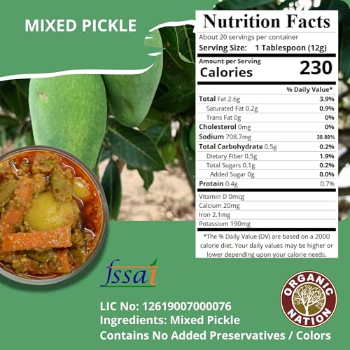 Image of ORGANIC NATION Deliciously Tangy Mixed Pickle | Pickles with Fresh Ingredients | Authentic Mixed Vegetable Pickle | Traditional Indian Achaar| No Preservatives | 250g Jar | Vibrant Green