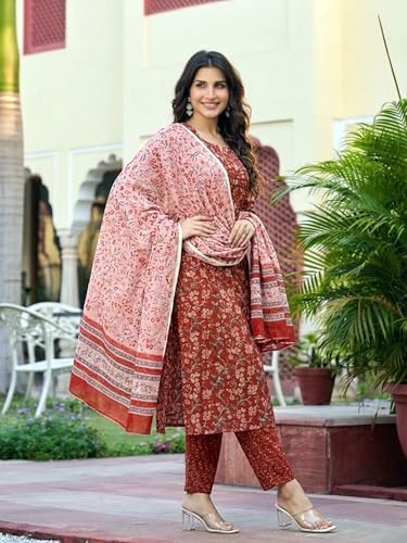 Image of ANNI Designer Kurta Set Women Cotton Blend Printed | Kurti Set Woman | Kurta Pant Dupatta 3 Piece Outfit | Round Neck V-Slit 3 /4 Sleeve Straight Fit Ethnic Wear Ladies Dress Stylish Clothing