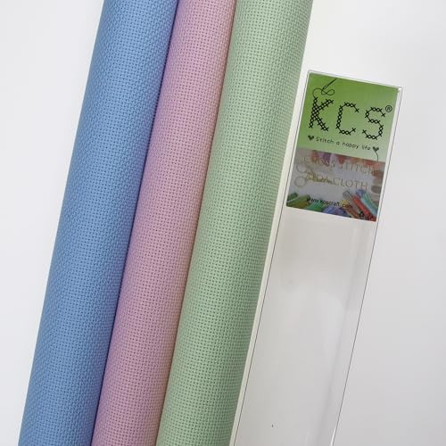 Image of KCS 3 pc of 15 inch x 18 inch(38cmx45cm) Counted Cross Stitch Cotton Aida Cloth Needlework Rolled Fabric Box,18CT,Light Blue+Pink+Light Green