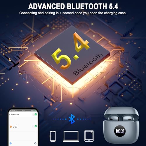Image of Wireless Earbuds, Bluetooth 5.4 Ear Buds LED Power Display Headphones Bass Stereo, Bluetooth Earbuds in-Ear Noise Cancelling Mic, 40H Playback Mini Case IP7 Waterproof Sports Earphones for Android iOS