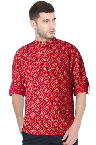 Chandrakala Slim Fit Printed Short Kurta for Men Cotton long roll-up sleeves Straight Tunic (MK115-P)