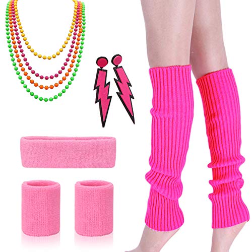 80s Outfit - Womens 80s Fancy Outfit Costumes Accessories Set Leg Warmers Fishnet Gloves Neon Earrings Bracelet and Beads