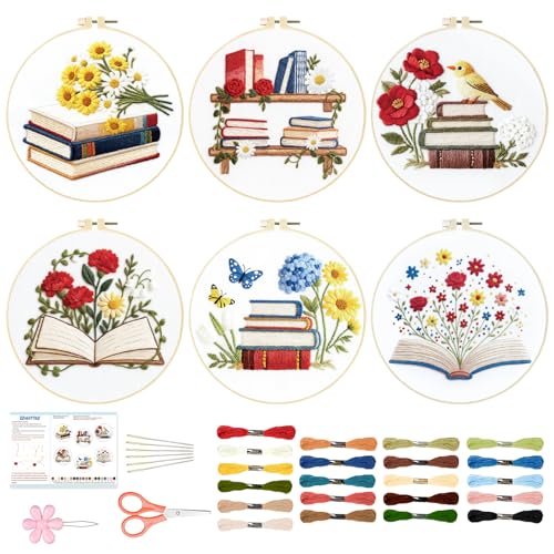 Image of BEUNITONE 6 Set Books Flowers Embroidery Kit for Adult Beginners with Hoops and Instructions Literary Themed Needlepoint Craft Kits Complete DIY Handmade Cross Stitch Set for Book Lovers Home Decor