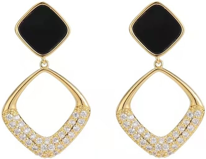 18K Gold Plated Geometric Black Enamel Drop Earrings for Women, Elegant Statement Earrings with Cubic Zirconia, Lightweight Dangle Earrings for Party, Wedding, and Daily Wear