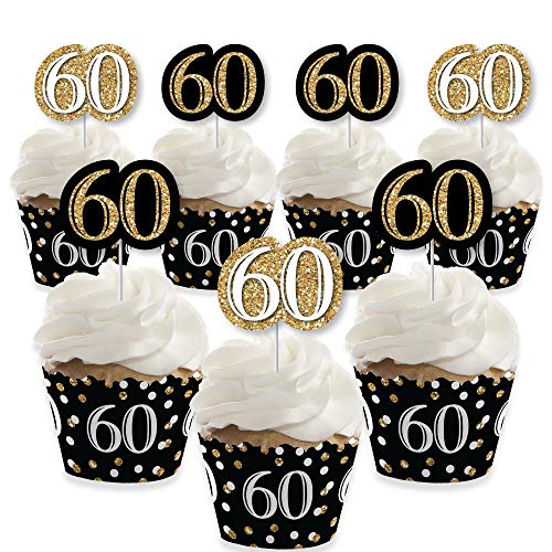 Big Dot of Happiness Adult 60th Birthday - Gold - Cupcake Decoration - Birthday Party Wrappers and Treat Picks Kit - Set of 24