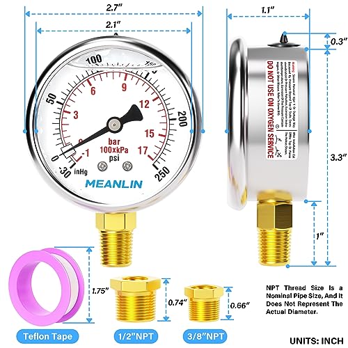 Image of MEANLIN MEASURE -30inHG~250Psi Stainless Steel 1 /4 inch NPT 2.5 inch FACE DIAL Vacuum Pressure Gauge, Lower Mount, with 1 /2 inch NPT and 3 /8 inch NPT Hex Bushing