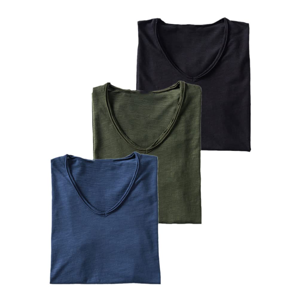3 Uds Algodón Sólido Camiseta Hombre Casual Cuello Pico Manga Corta Hombre Camisetas Suaves Tops Camisetas