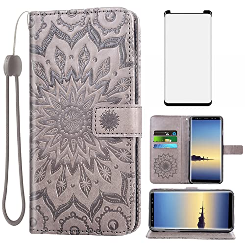 Étui portefeuille pour Samsung Note 8 gris avec verre trempé inclus