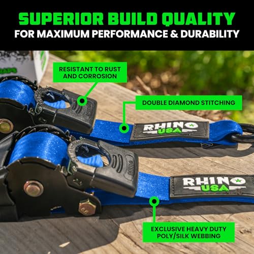 Image of Rhino USA Retractable Ratchet Straps (4-Pack) - 2 Inch x 10 Feet (3,033lb Break Strength) - Heavy Duty Auto Self Retracting Tie Down Straps for Truck, Cargo Trailer, Motorcycle, Rad & More - Blue
