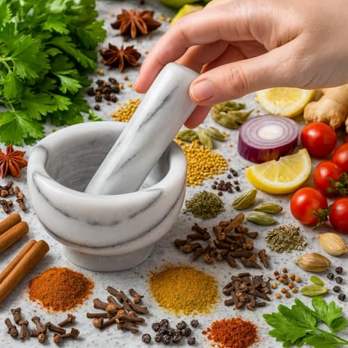 HIC Kitchen Mortar and Pestle Set, Solid Carrara Marble, 3.8-Inch, Spice Herb Grinder, Pill Crusher, Nut Butter Maker - Image 3