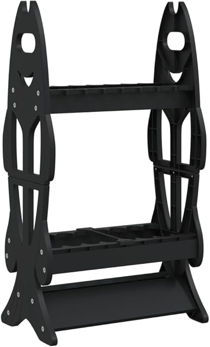 El soporte de cañas de pescar vidaXL para 16 cañas en color negro está hecho de polipropileno resistente, con base triangular para estabilidad. Diseño compacto que ahorra espacio y facilita el almacenamiento y transporte de cañas de pescar.