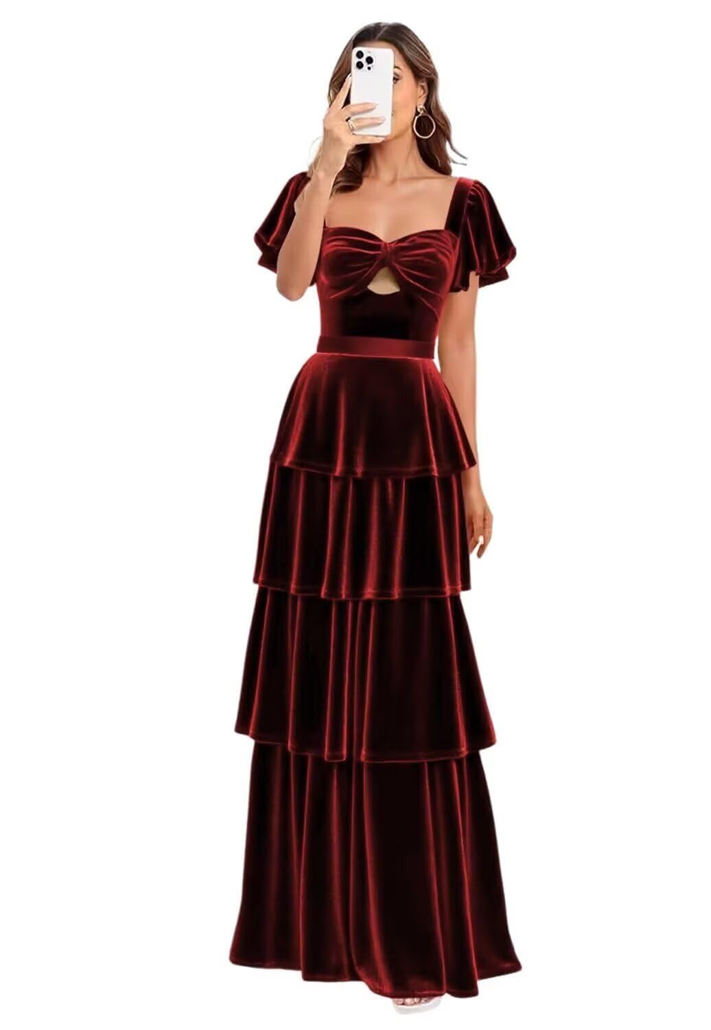 Velvet Prom Dresses for Women Tiered Ruffle Short Sleeve Bridesmaid Dresses Long Formal Cocktail Dresses AS019