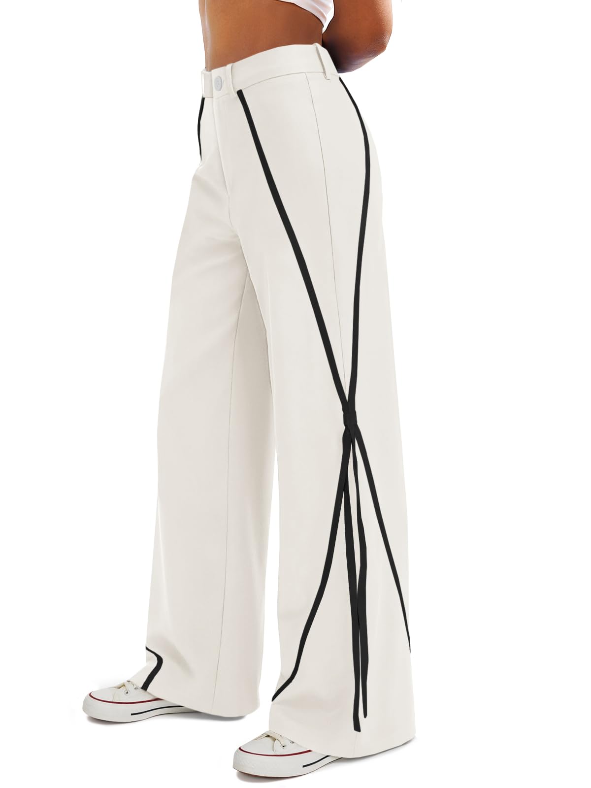 Fisoew Womens Casual Wide Leg Pants Straight Leg Trousers Splicing Line High Waisted Side Striped Palazzo Pants