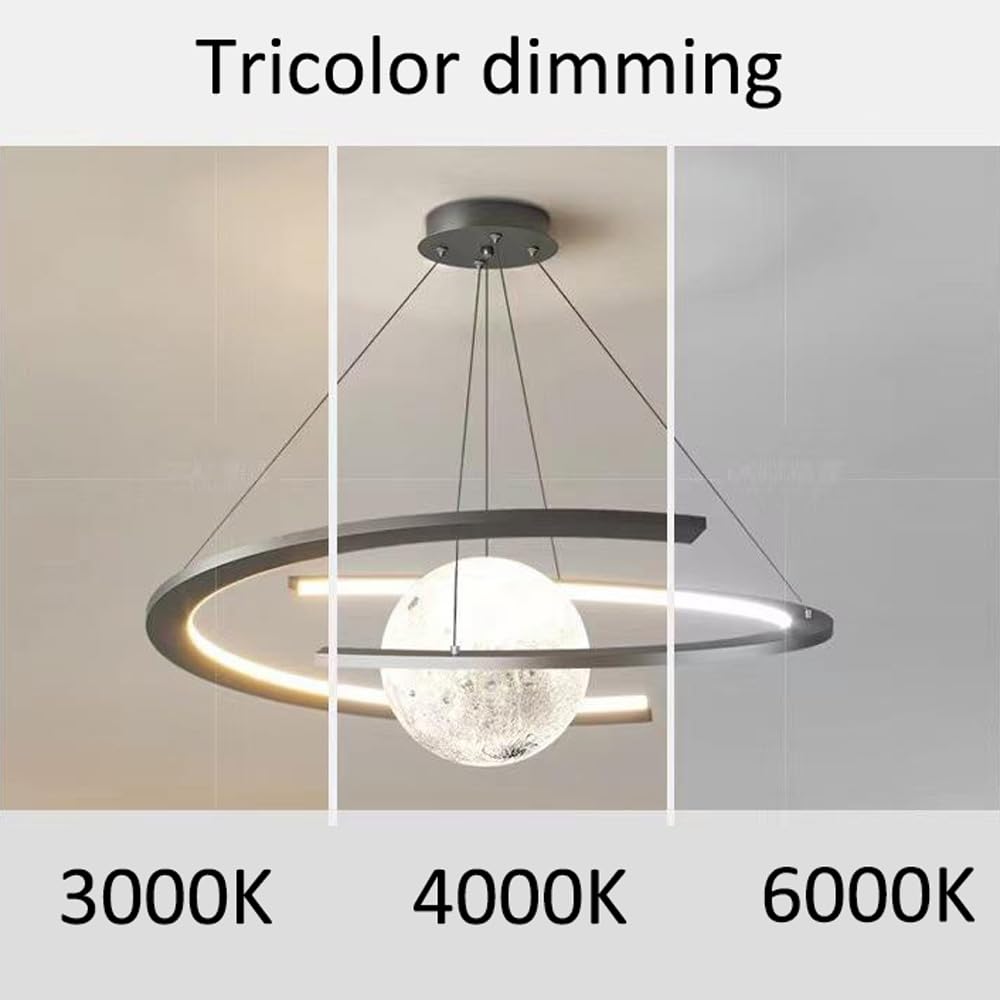 Nowoczesny żyrandol pierścieniowy LED z możliwością ściemniania, lampa wisząca Moon Planet, druk 3D, żyrandol Moon Planet do jadalni dla dzieci