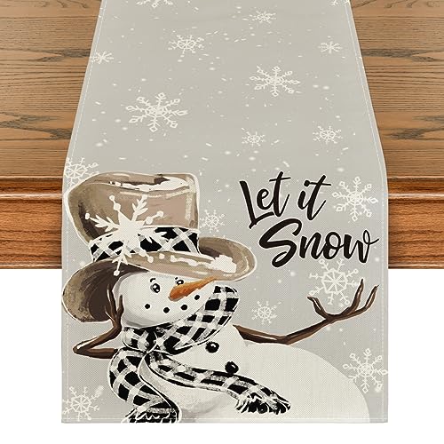 Image of Artoid Mode Grey Snowman Winter Table Runner Home Party Decor 13x60 Inch