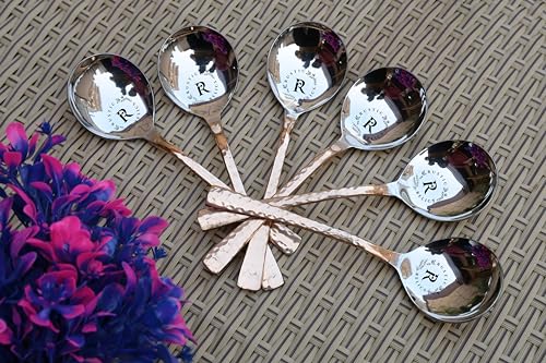 Image of Copper Soup Spoon with Stainless Steel | Set - Pack of 6 | Metal Kitchen Dining and Cutlery | Copper and Steel Metalic Finish | A Touch of Elegance to Your Dining and Dinnerware Serving