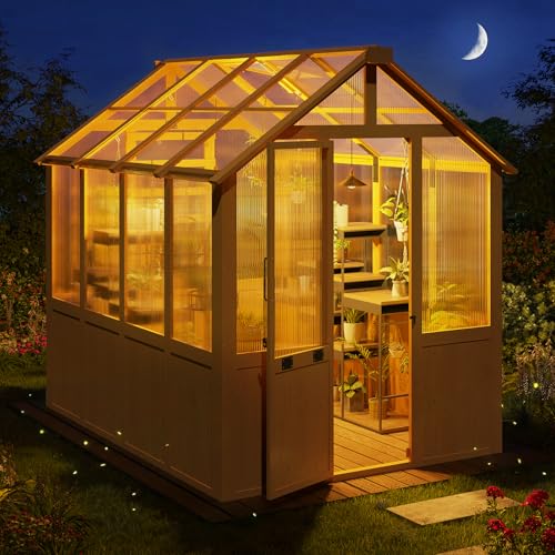 Image of EROMMY 6x8 FT Wooden Greenhouse for Outdoors, Walk-in Greenhouse Kit with 4mm Polycarbonate Panels, Adjustable Roof Vent and Lockable Door, Outdoor Greenhouse for Backyard Garden