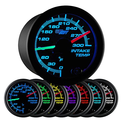 Glowshift Black 7 Color 300 F Dual Intake Intercooler Temperature Gauge Kit - Includes 2 Electronic Sensors - Red & Green Illuminated Analog Needles - Black Dial - Clear Lens - 2-1/16" 52Mm #TOP23