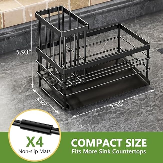 Cisily Sink Caddy Sponge Holder for Kitchen with Brush Holder and Stainless Steel Self Drain Tray, Rustproof Kitchen Sink Organizer for Sponge, Soap Dispenser Storage Accessories (Black)