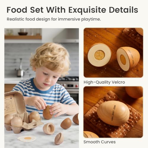 Image of Tiny Land Wooden Play Food for Kids Kitchen, Pretend Food Egg Set Toy
