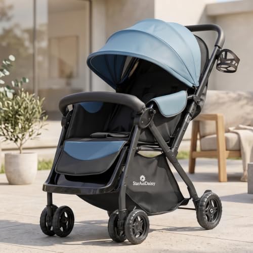 Image of StarAndDaisy Foldable Stroller for Baby 0-3 Years Infant & Toddler / Travel Pram for Baby with Adjustable Canopy & Footrest with Lockable Wheels, Multi-Level Recline , Removable Tray , Safety Harness Belt (Blue)