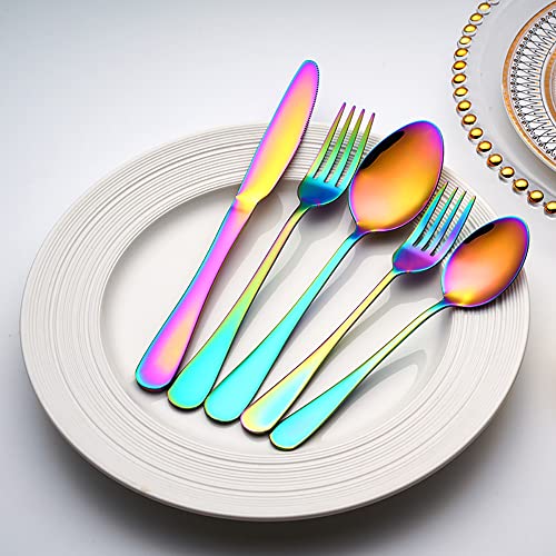 Juego de cubiertos para 4 personas, juego de cubiertos arcoíris de 20 piezas, juego de cuchillos, tenedores y cucharas, cubiertos de acero inoxidable de, aptos para lavavajillas Cover
