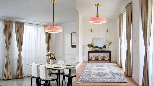 Image of Pink 2 Tier Saucer Hanging Pendant Lamp Adjustable Ceiling Fixture | Solid Wood Pendant Light, Gold Canopy, 150cm Adjustable Cord, E26, Fits Flat /Sloped /Arched Ceilings for Kitchen Island