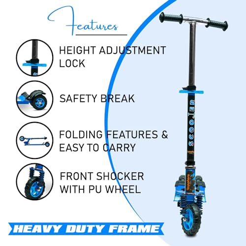 Image of Kick Steel Scooter for Kids, 3 Adjustable Height Scooter, Foldable & Attractive PVC Wheels with Rare Brakes for Kids Age Upto 3+ Years Strong Steel Base Heavy Dute Upto 70kg (with Shocker) (Blue)