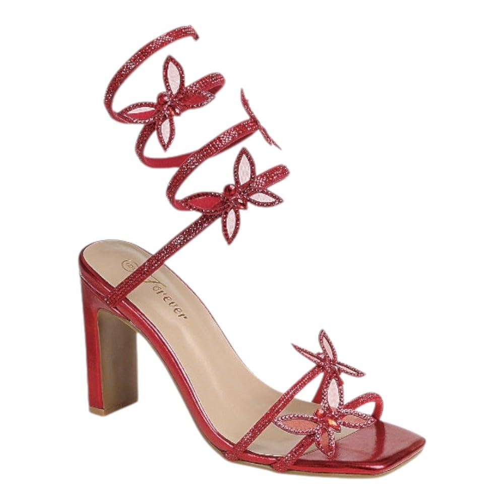 Forever Link Women's Rhinestone Butterfly Detail Spiral Coil Wrap Around Chunk Heel Sandals