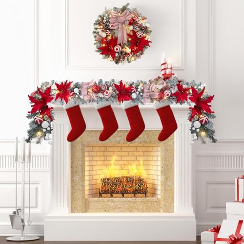 GarveeHome 24" Pre-Lit Christmas Wreath for Front Door, Large Artificial Christmas Wreath, Battery Operated Lighted Xmas Wreath for Door Window Indoor Outside Xmas Home Decor, Red and White