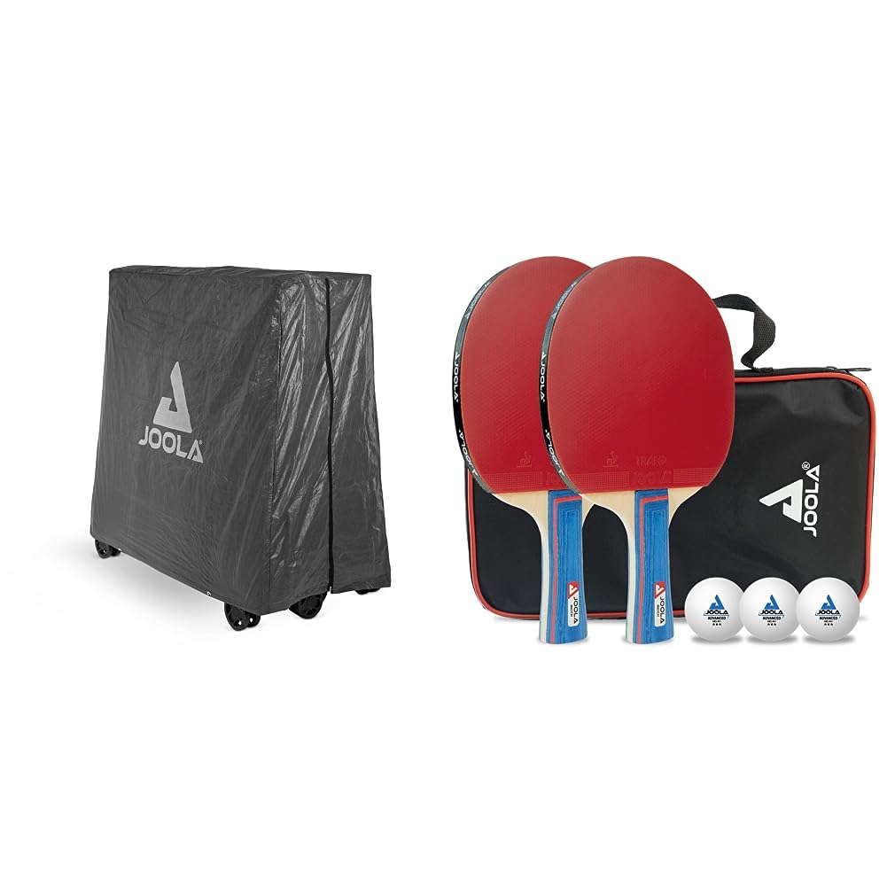 JOOLA 19900 Tischtennistisch Abdeckung Tischabdeckung Wetterfeste Schutzhülle & 54820 Tischtennis-Set Duo Bestehend aus 2 Tischtennisschläger+3Tischtennisbälle+1Aufbewahrungstasche,mehrfarbig,onesize