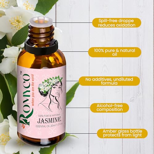 Image of Romyco Jasmine Essential Oil 30ml (Chameli Essential Oil) for Relaxation Massage | Skin Care Hair Care | Wellness Rituals Puja Soap Making | Use In Diffuser | Pure Premium Natural Undiluted
