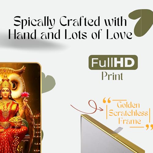 Image of Arkasto Lakshmi Mata with Owl Vahan Wall Poster | Goddess of Wealth & Prosperity | Golden Spiritual Wall Art for Home & Office Temple (Style-02, 12x18 inch)