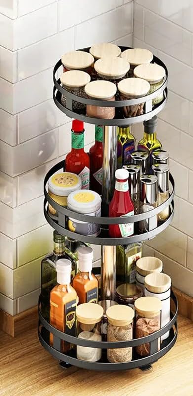 Deconation Etagère Rotative Multirangements H 57,5 Cm X D 26 Cm : épices, Boîtes, Flacons | Support Rond 3 Niveaux | Noir