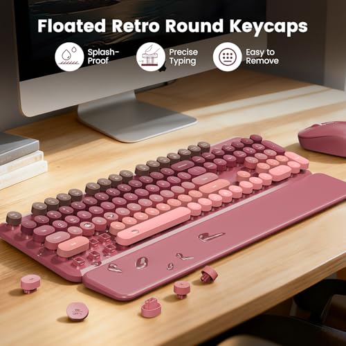 Image of Wireless Keyboard and Mouse Combo, Round Keycaps, Full-Size Retro Typewriter Keyboard with Magnetic Wrist Rest, Tilt Legs, 2.4GHz Cordless for Mac, Windows PC, Laptop, SABLUTE CK23, Dusty Rose Ombre