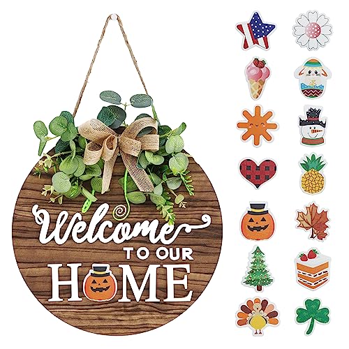 Comparison: Best Gift For House Warming 4 Interchangeable Seasonal Welcome Sign Front Door Decoration, Rustic Round Wood Wreaths Wall Hanging Outdoor, Farmhouse, Porch, for Spring Summer Fall All Seasons Holiday Halloween Christmas.