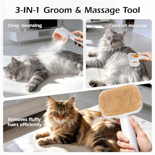 Image of 3-in-1 Pet Mist Brush for Dogs & Cats, Self-Cleaning,Rechargeable | ABS Body，Round-Tipped Comb Pins，Indoor Cat & Dog Grooming，Reduces Shedding，Controls Loose Flying Fur