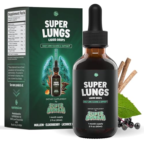 SuperBonsai Super Lungs Mullein Drops Herbal Lung Support Tincture with Mullein Leaf Extract Elderberry Reishi Marshmallow Root Supports Clear Breathing & Wellness 2 oz