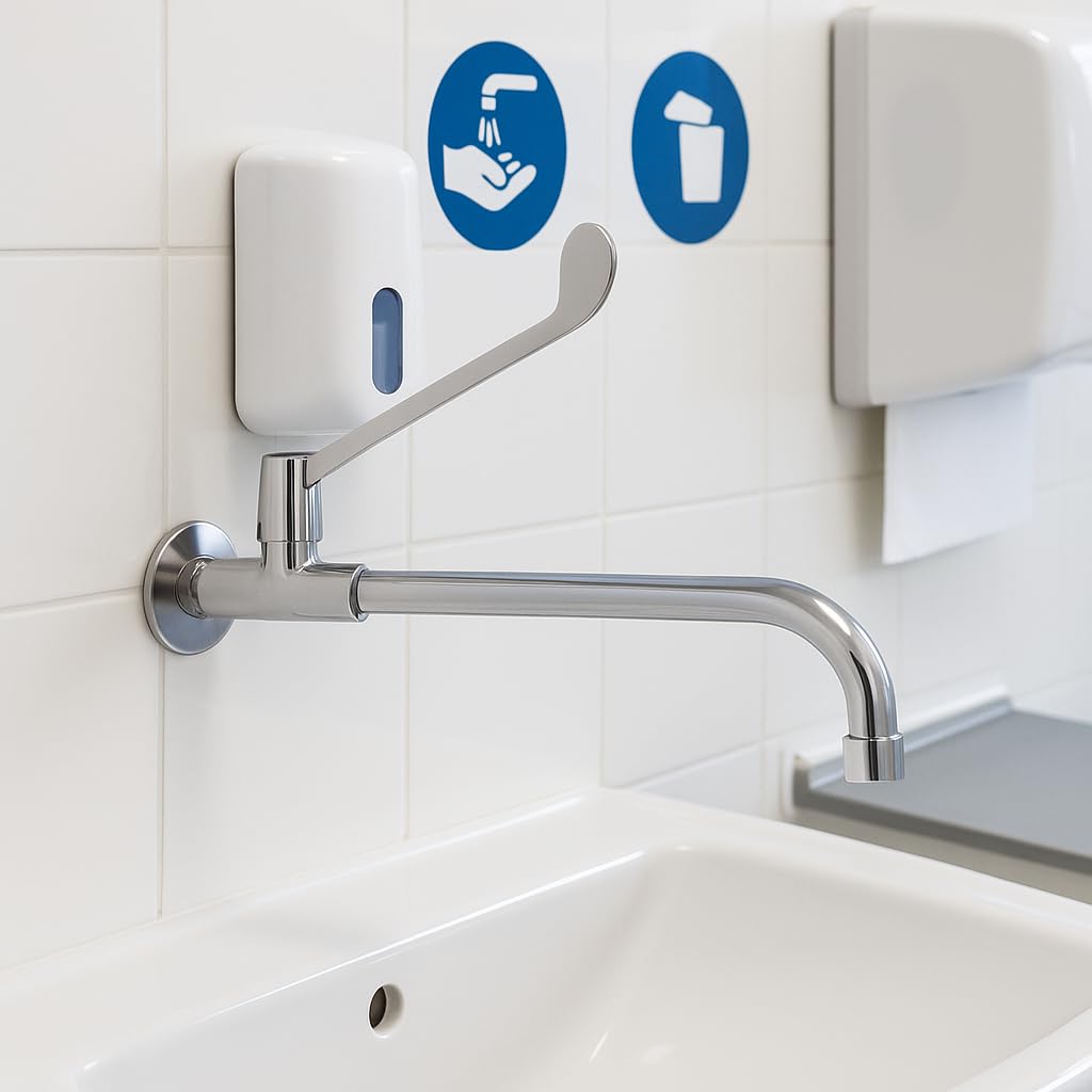 Rubinetto medical da parete a leva clinica lunga – 1 acqua (solo fredda), azionamento a gomito, design ergonomico, cartuccia ceramica, corpo in ottone cromato