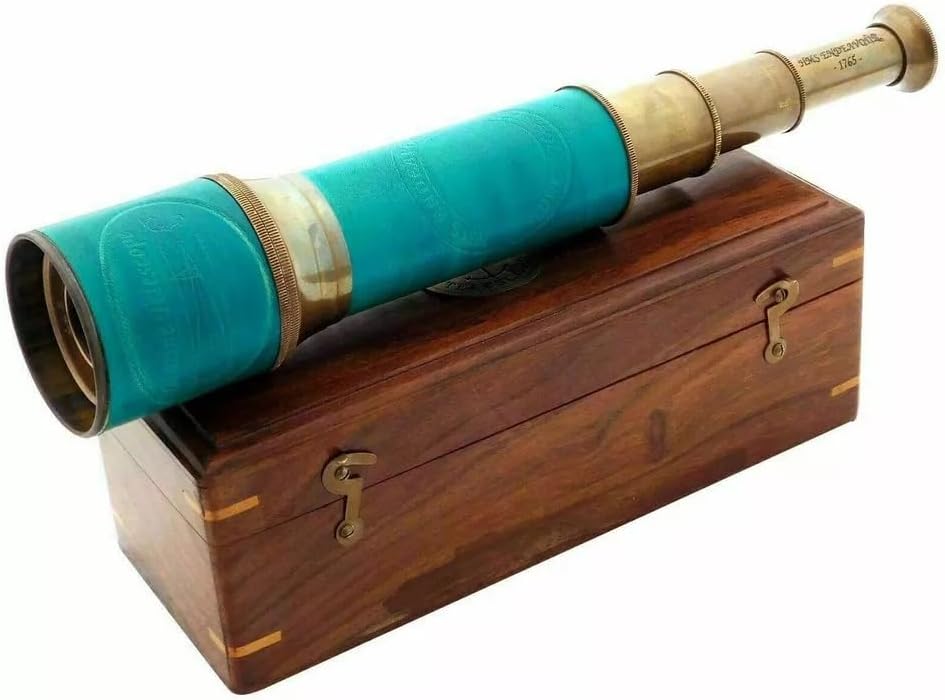 Antique Nautical Brass Telescope – 18" Pirate Spyglass with Wooden Box | 10X Magnification | Marine Collectible & Decorative Gift