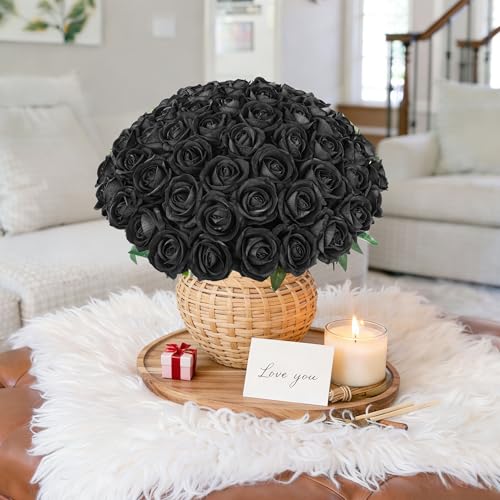 Image of 50 PCS Black Roses Artificial Flowers, Fake Roses with Stem Realistic Silk Roses for DIY Wedding Bouquets Table Centerpieces Arrangements Baby Shower Birthday Home Decor Valentine's Day Gift for Her