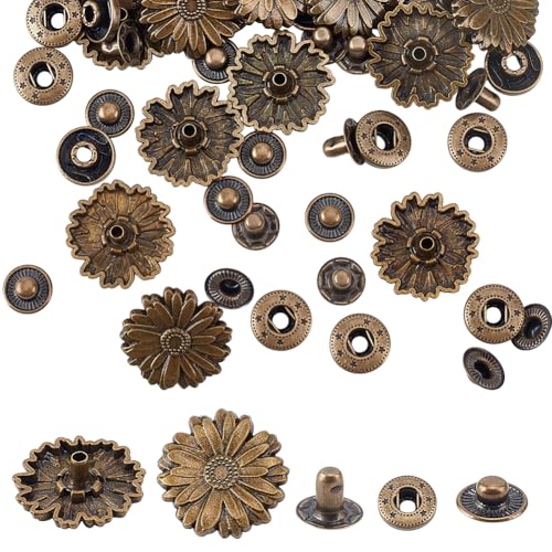 Boutons pression vintage fleur en laiton FREEBLOSS pour couture cuir et sacs - Lot de 20