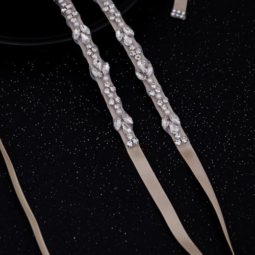 Thin Bridal Belt with Pearls Rhinestones Shiny Crystal Bridesmaid Beads Sash for Wedding Gown4