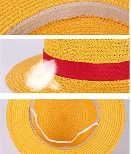 Image of Yellow Cosplay Straw Cap Anime Luffy Flat Hats One Piece Japanese Cartoon Props Hat Boy Girl Beach Sun Hat
