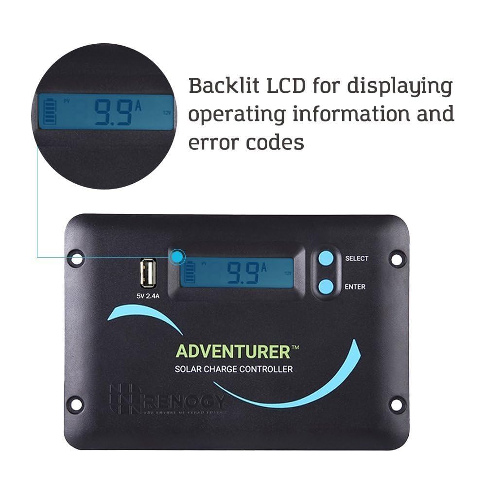 Renogy Adventurer-Li Contrôleur solaire 30 A – Design encastré pour murs de camping-car/camping-car, chargeur PWM automatique 12 V/24 V, écran LCD, compatible avec batteries au lithium et AGM/gel