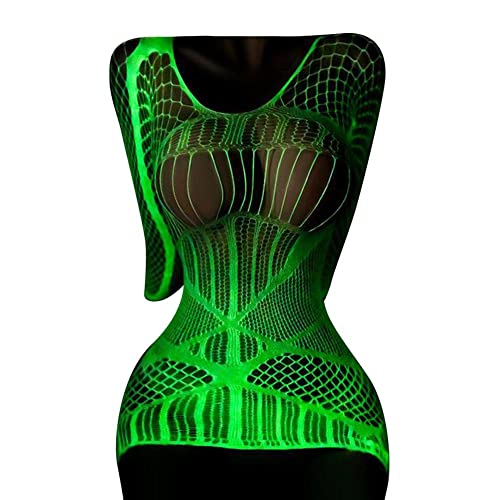 Glow in the Dark Fishnet Stockings, Luminous Sexy Green Fishnets Lingerie Tights High Waist Pantyhose One Piece Bodysuit
