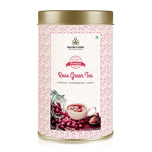 Image of Nature's Park Rose Green Tea - 125g - For Glowing Skin, Hair, Stress Relieving, Good Sleep, Antioxidants Rich - Made with 100% Whole Leaf & Natural Petals - Herbal Wellness Tea - Refreshing & Aromatic